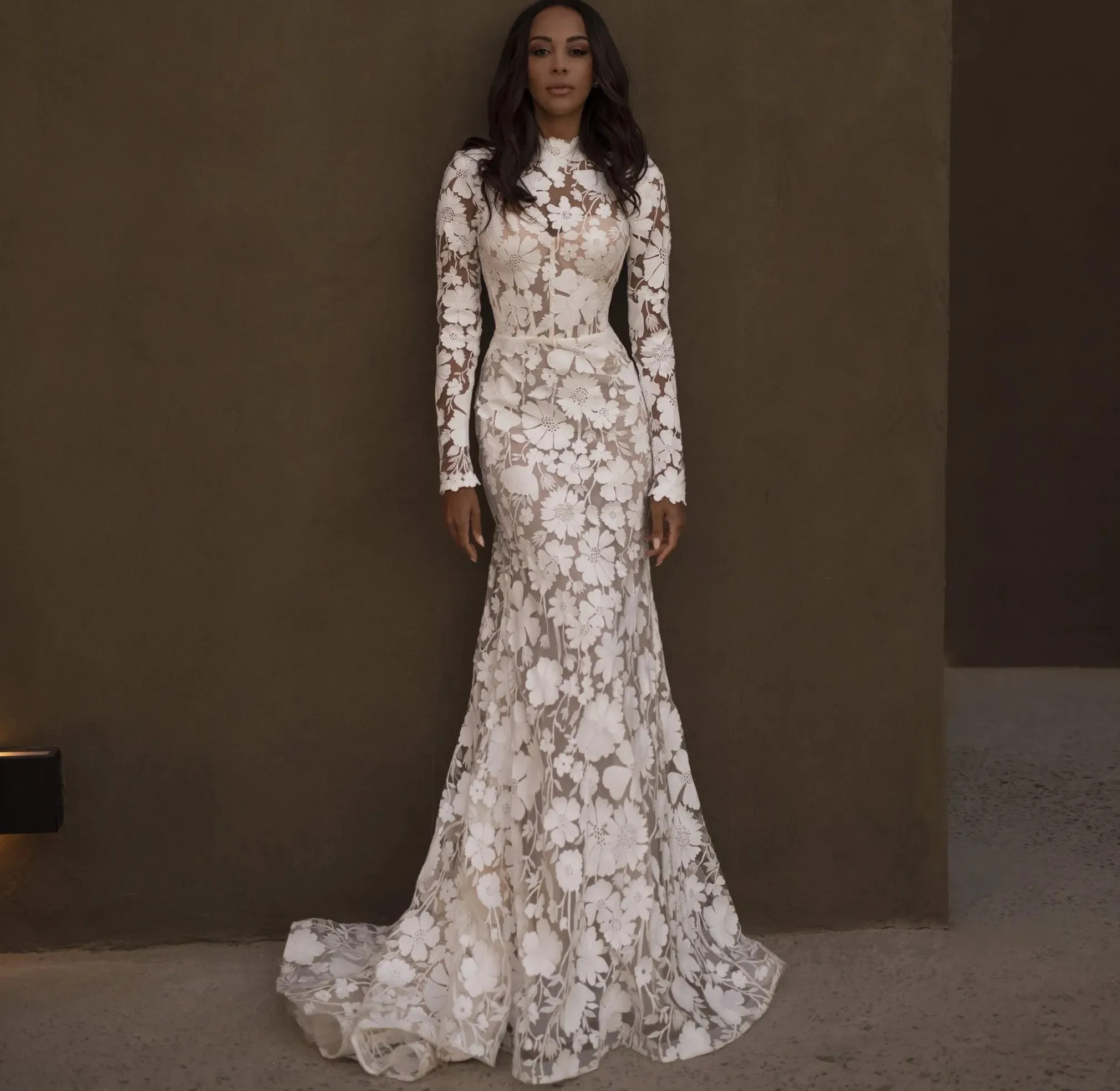 

2025 New Elegant Mermaid Wedding Dresses High Neck Long Sleeves 3D Flowers Lace Bridal Bride Gowns Vestidos De Noiva
