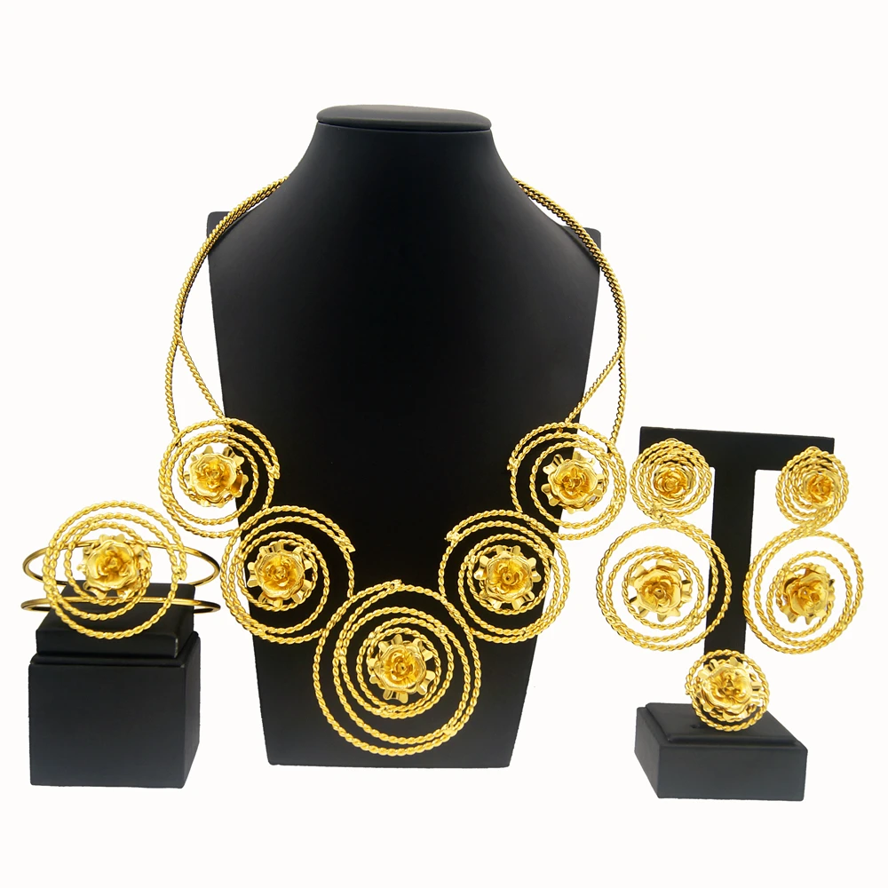 Fashion Personality Women Jewelry Set New Italy Gold Plated Original Round Floral Big Necklace  Earrings Luxury Wedding Jewelry