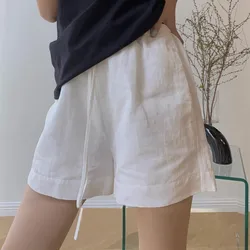 White Cotton Linen Shorts Women's Sports Casual Pants 2024 Summer Thin Small Drawstring High Waist Loose Wide Leg Pants