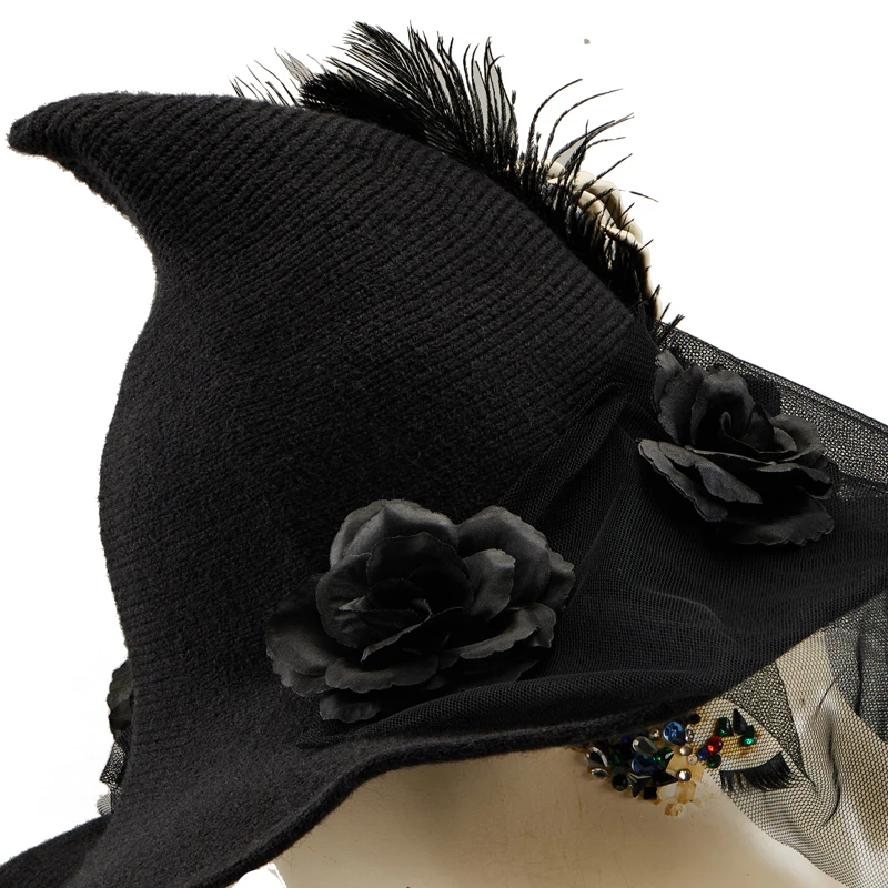 Handmade Witch Hat Lolita Gothic Retro Black Rose Skeleton Hand Wizard Hat with Veil Halloween Party Costumes Hats