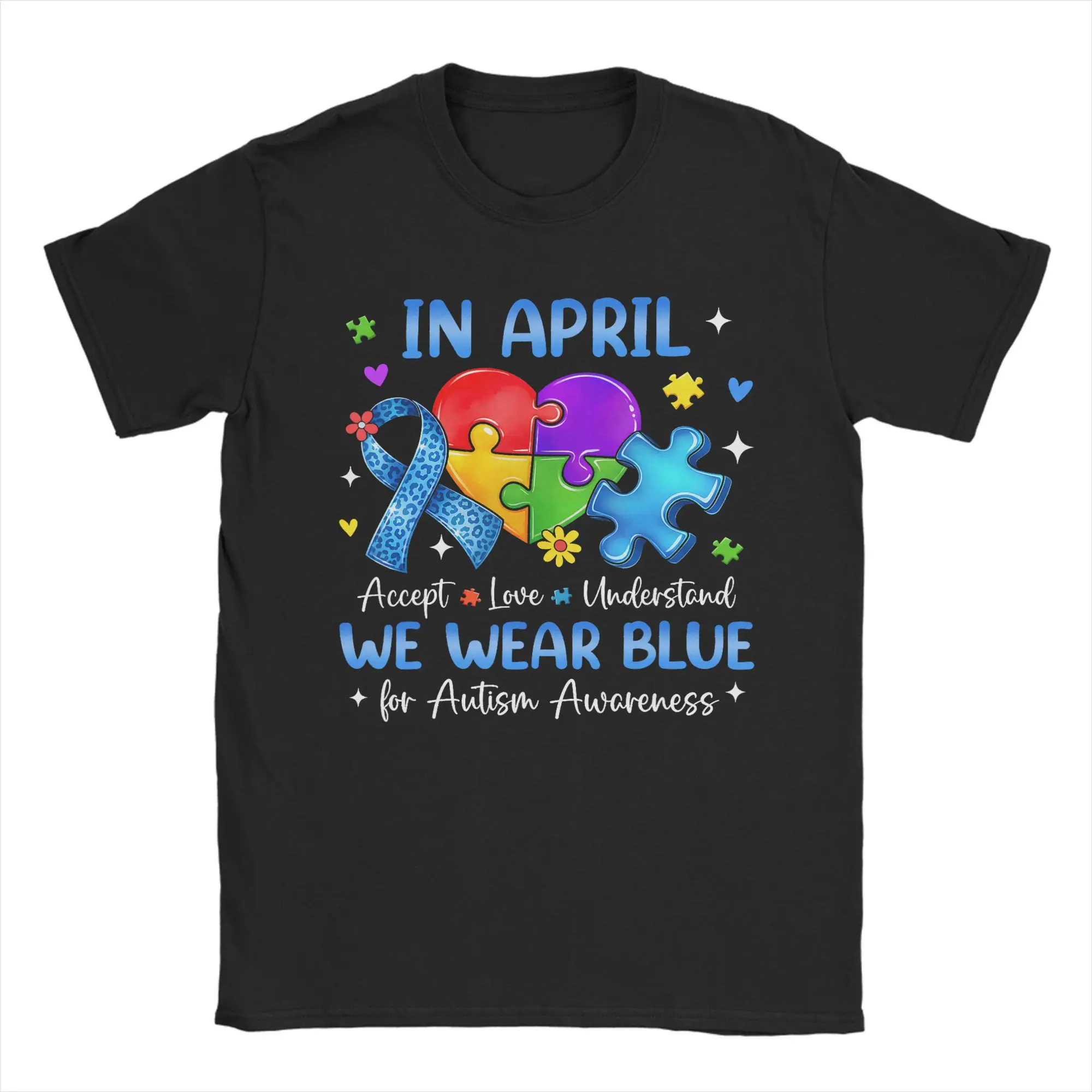 Men April We Wear Blue Autism Awareness T Shirt  Cotton Clothes Novelty Short Sleeve O Neck Tee Shirt 6XL T-Shirts