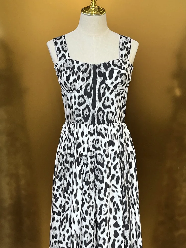 Vestido 100% de algodón 2025, estilo veraniego para mujer, tirantes finos, Sexy, estampado de leopardo salvaje, sin mangas, por debajo de la rodilla, vestido elegante para fiesta, ropa para discoteca