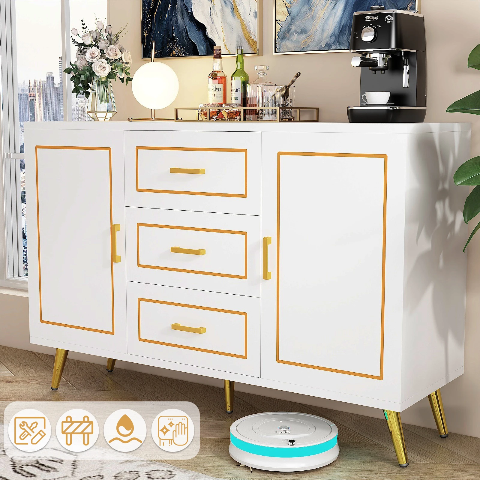 Modern Buffet Cabinet with 2 Doors & 3Drawers, Sideboard Storage Cabinet with Gold Metal Legs for Living Room, Dining Room