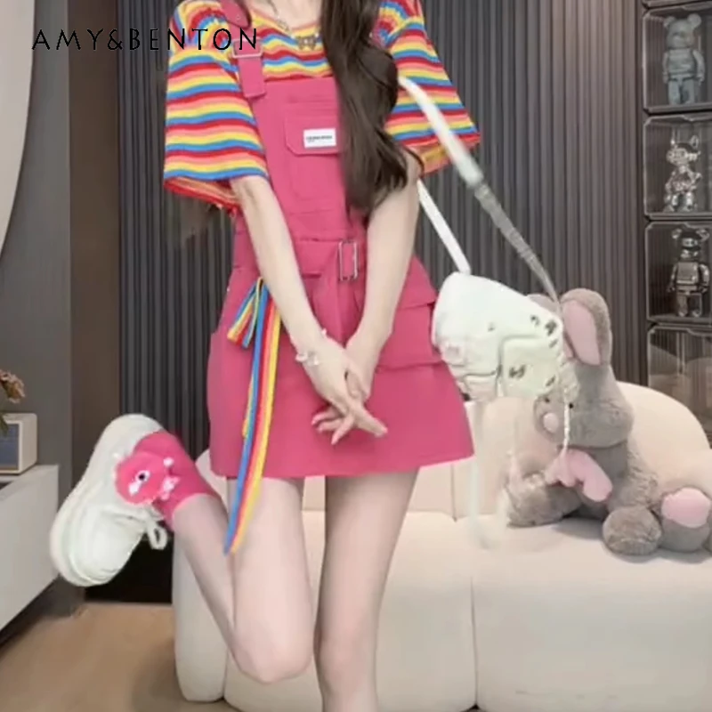 

2025 Summer Rainbow Striped Women's Top Japanese Denim Strap Short Dresses Colorful Sweet Cool Age Reduction Two-piece Ladies