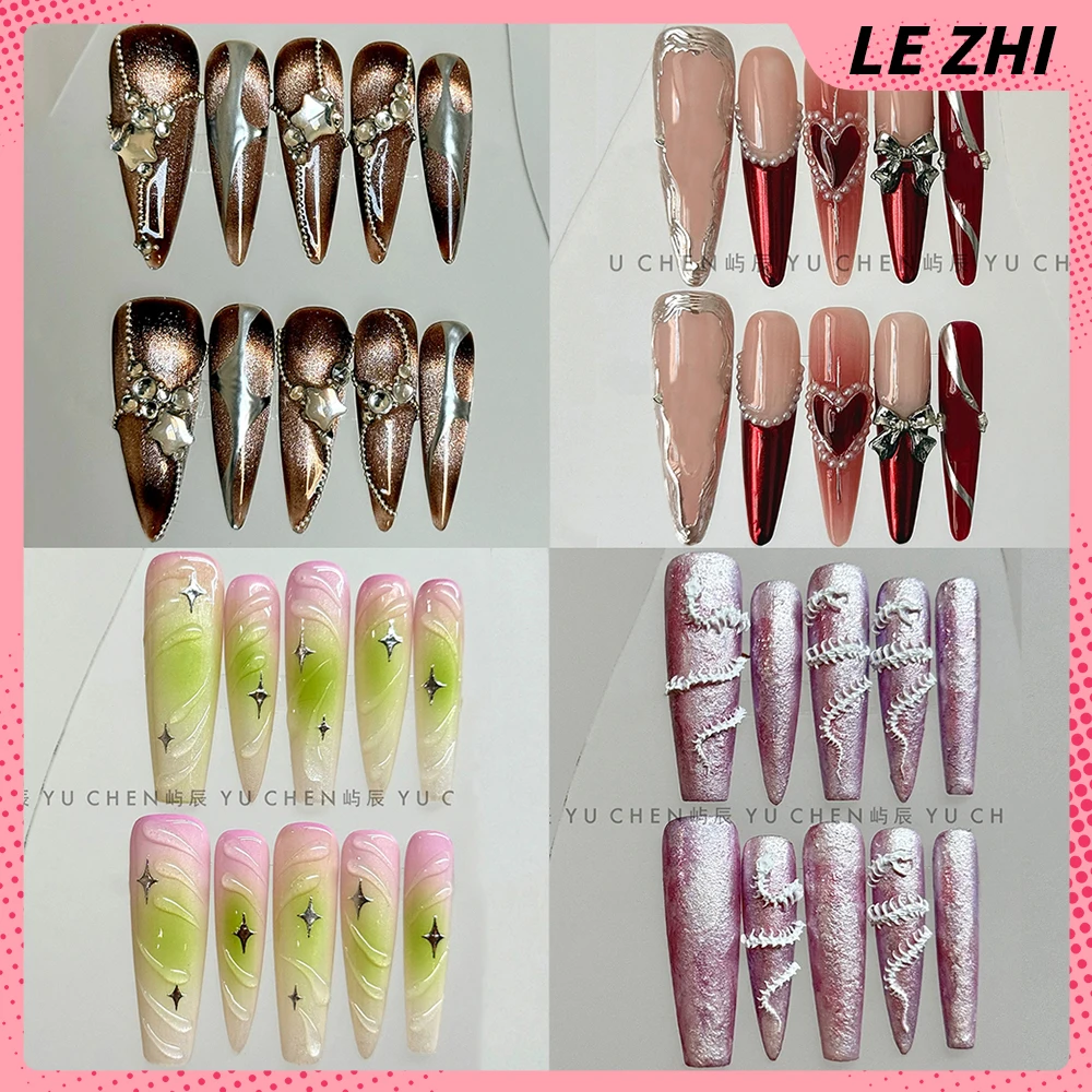 

10Pcs Spice Girl Handmade Long Coffin Stiletto Press On Nail Snake Bone Diamond Bowknot Flower Cat Eyes Wearable Full Cover Nail