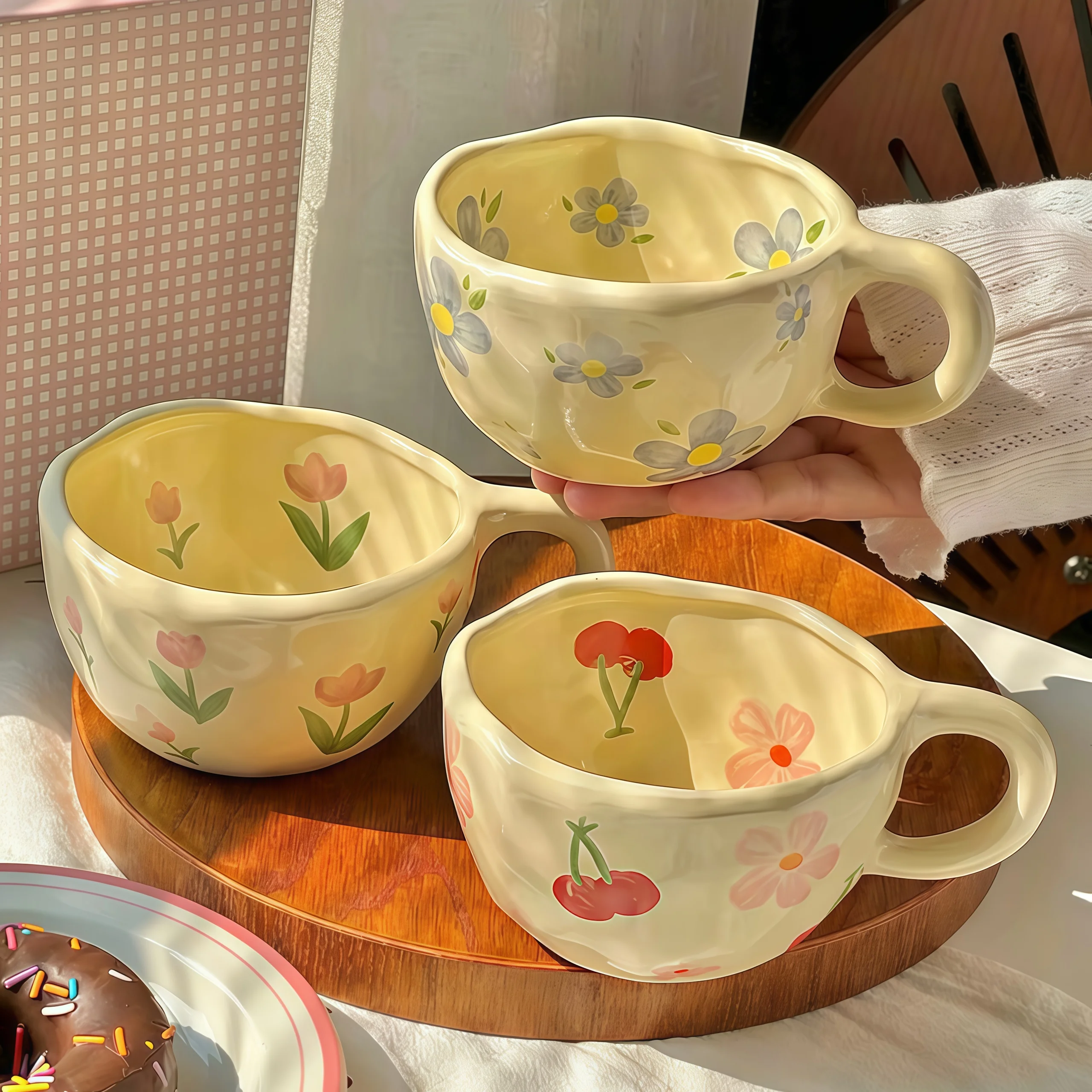 Hand Pinched Irregular Flower Ceramic Mugs Coffee Cups Milk Tea Cup Ins Korean Style Oatmeal Breakfast Mug Drinkware Kitchen cup