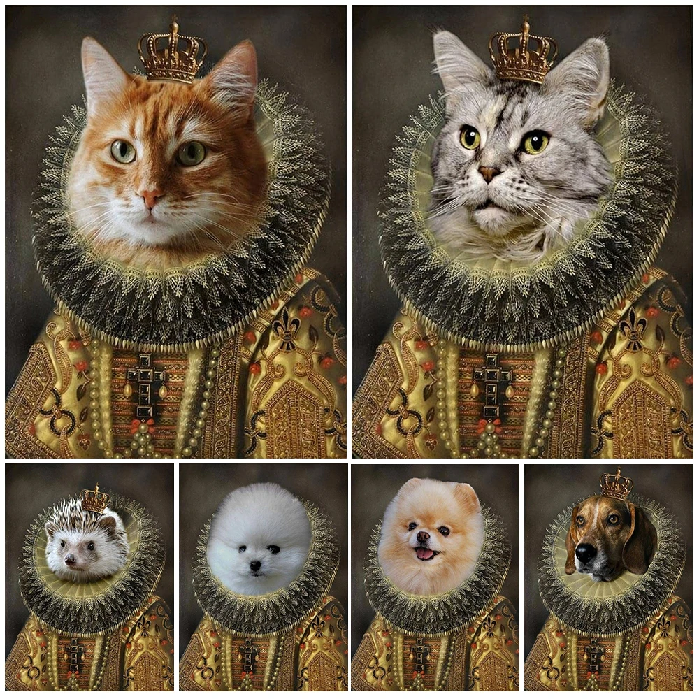 Vintage Renaissance Pet Cat Dog Funny Portraits Wall Pictures For Living Room Nordic Poster Wall Art Canvas Painting Unframed
