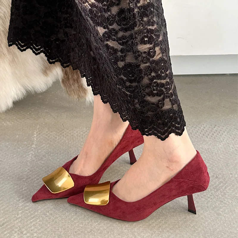 Pointed Toe Shallow Ladies Thin Heels Pumps Shoes Slides Fashion Metal Elegant Women Heeled Shoes Female Slip On Footwear image 5