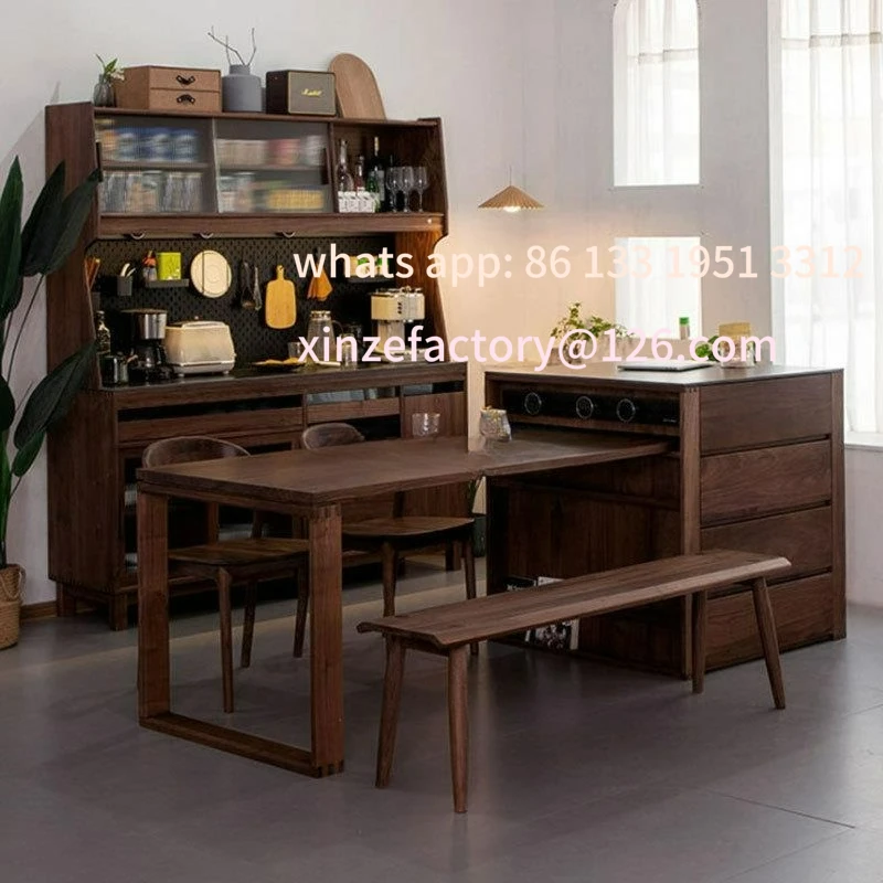 

Customizable Black Walnut Island Dining Table Integrated Retractable Separate Cabinet
