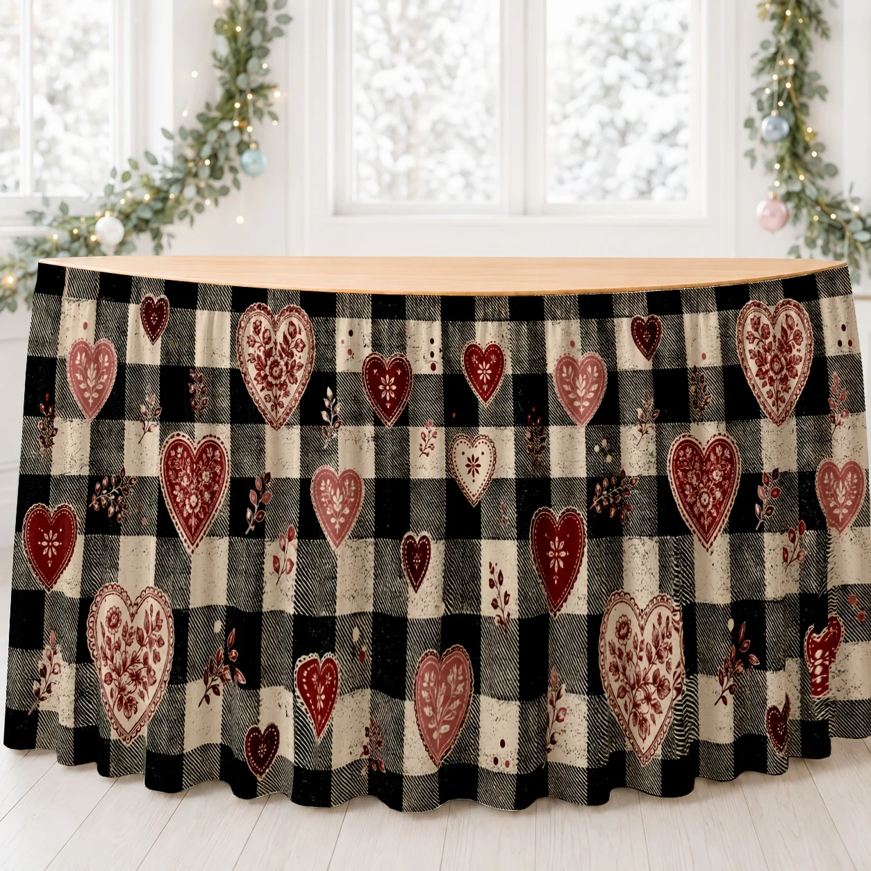 Table skirt / heart-shaped / check pattern / retro / romantic / Valentine's Day / spring