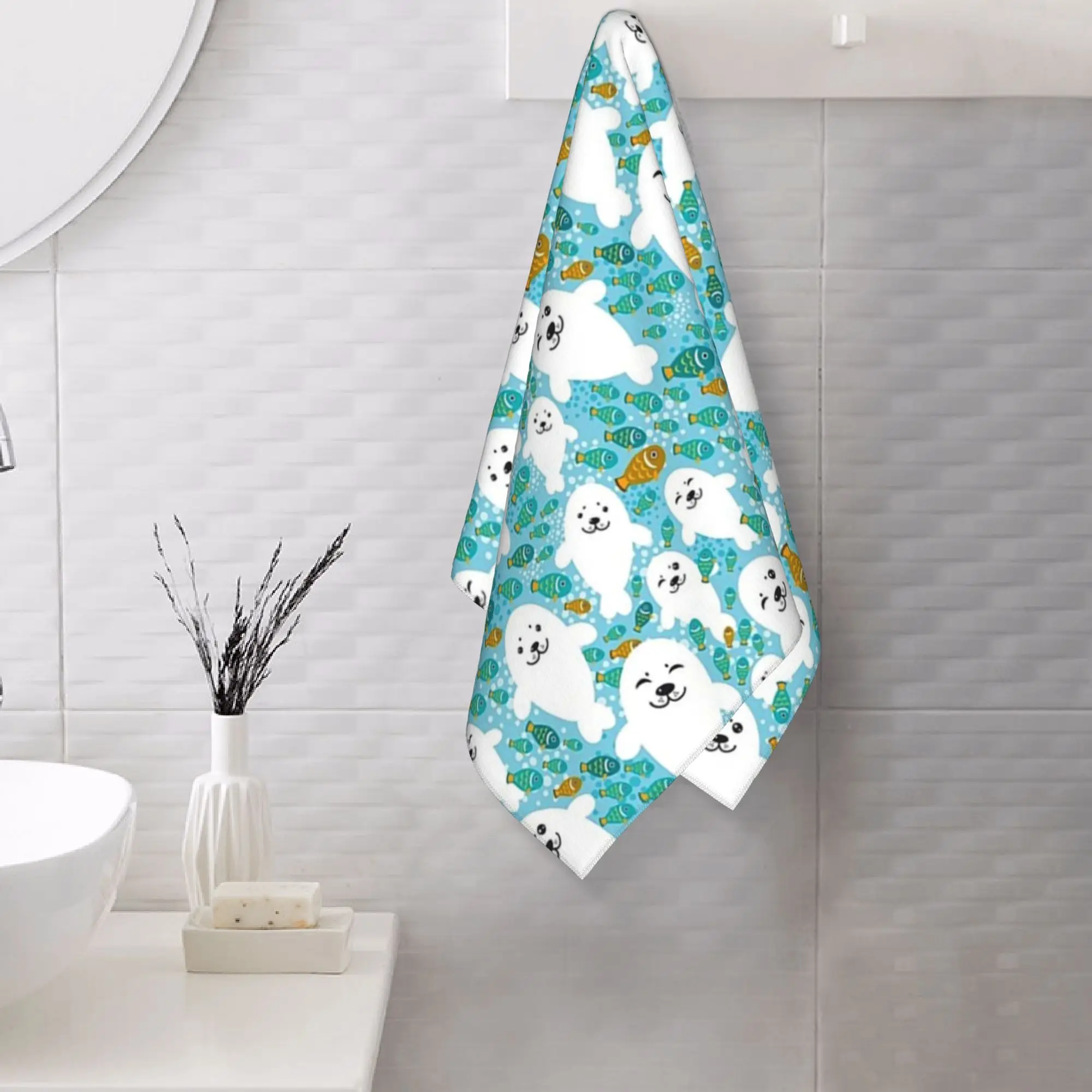 Custom kawaii cute seal and fish in water Soft Face Towel Quick Dry Pool Bath Cotton Towels Breathable