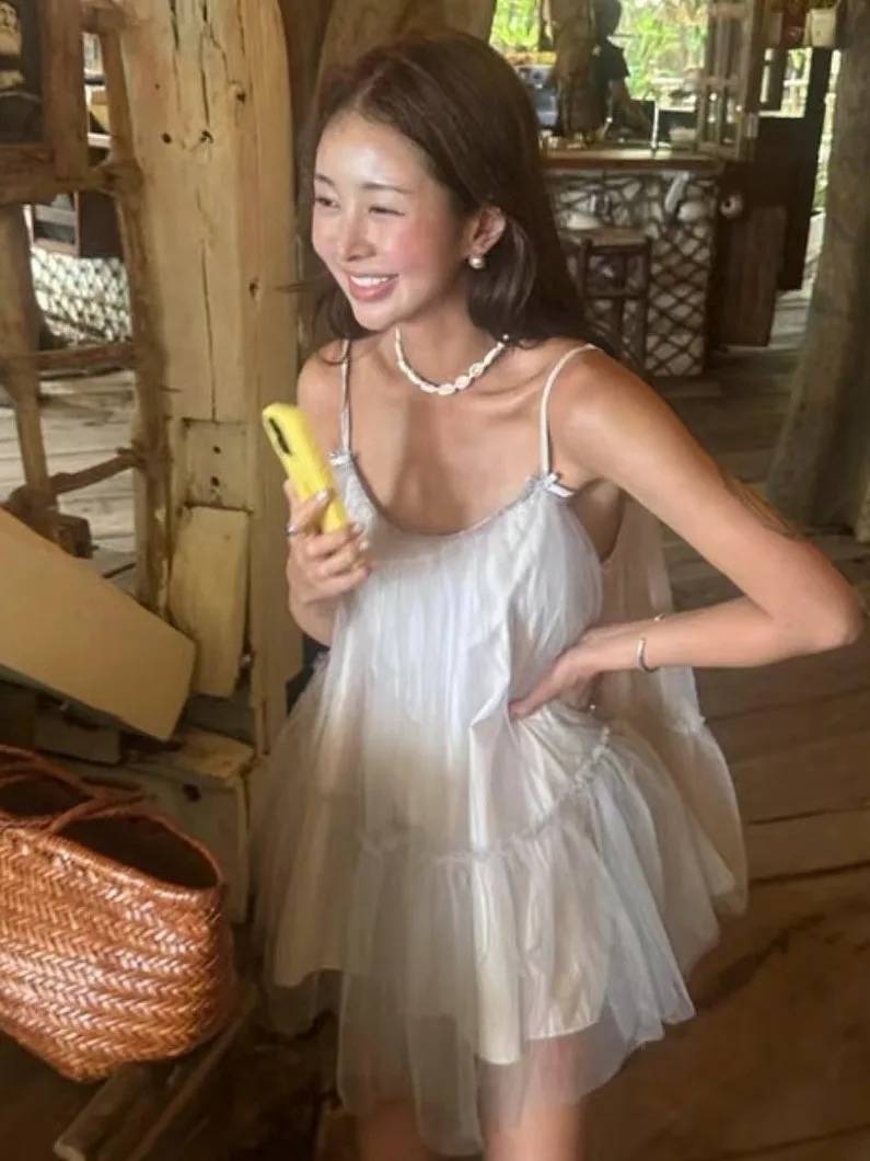 

Chic Summer 2026 Korean Style Mesh Puffy Sleeveless Dress Women's Gown Ultra Fairy Tale like Strapless Dress Casual Wear