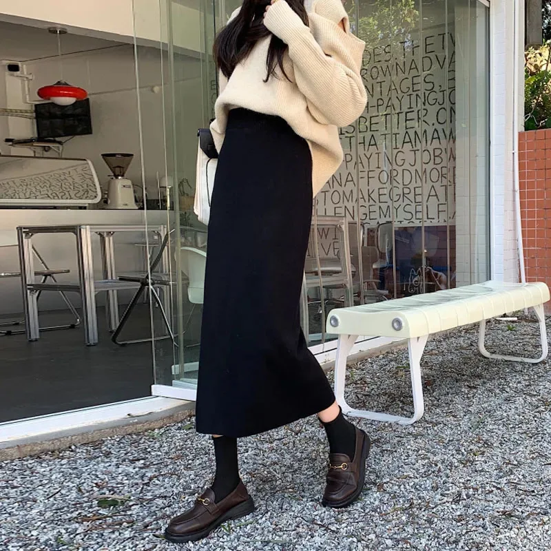 Temperament Black Slim Fit Long Skirt Women High Waist Knitted Straight One-Step Skirt Korean Fashion Office Lady Pencil Skirts