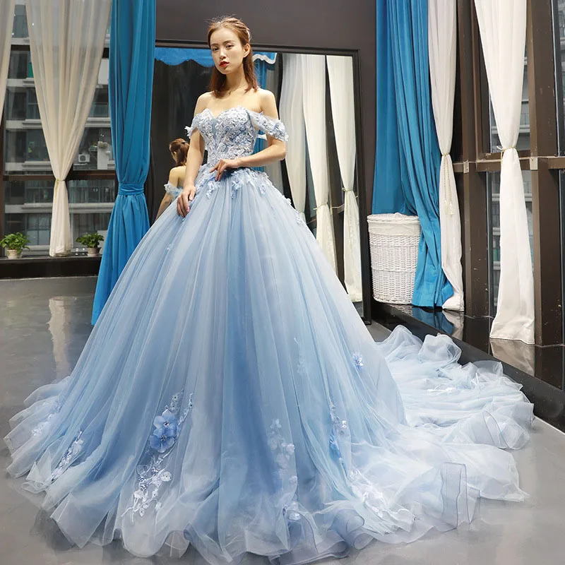 Customized 2026 New Sweet Elegant Colorful Yarn Fluffy Dress Light Blue Off Shoulder Train Women Wedding Party Formal Dress