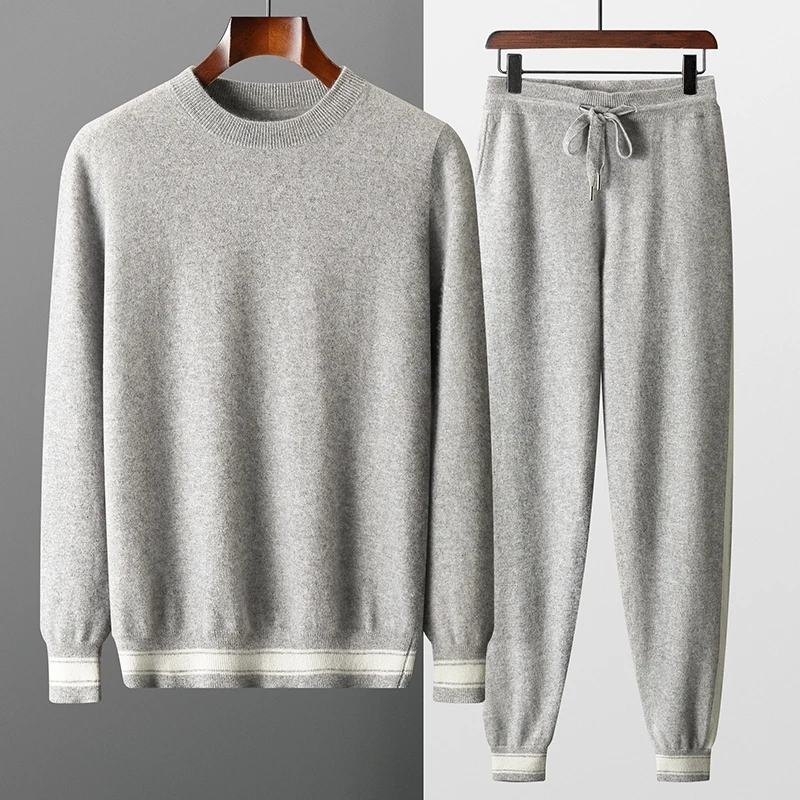 Autumn and Winter 100% Pure Cashmere 2-Piece set Men Loose and Warm Round Neck Pullover Sweater Knitted Casual Pencil Pants Suit