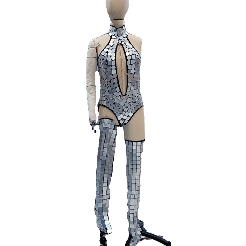 Sexy Pole Dance Outfit Silver Gold Mirrors Bodysuit Legs Sets Women Nightclub Ds Dj Gogo Costume Stage Performance Wear XS7659