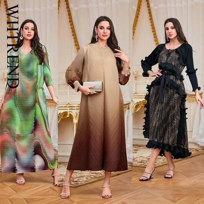 WHTREND فستان مكشكش مطوي المرأة التدرج اللون نفخة الأكمام طويلة طول فساتين فضفاضة الإناث ملابس الحفلات الأنيقة WH1891 #1