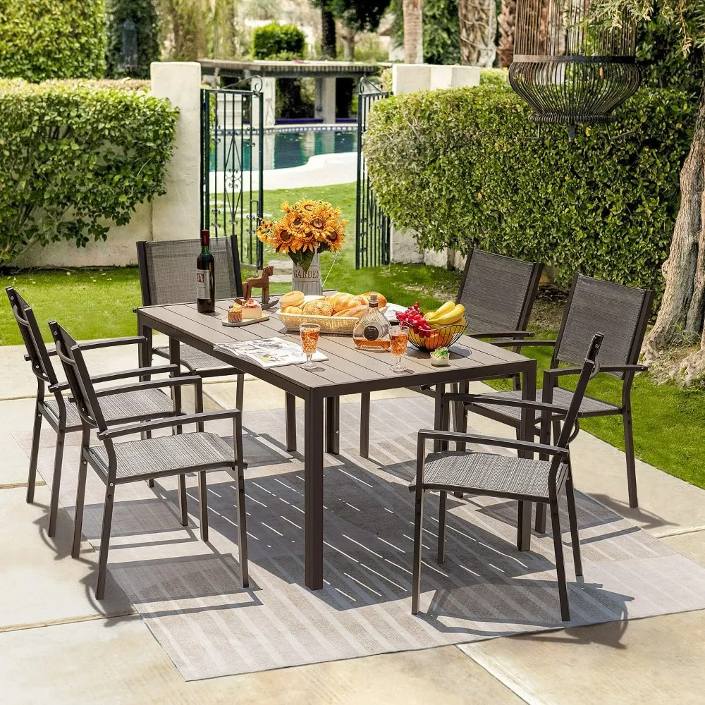 

7 Pieces Patio Dining Set Outdoor Furniture With 6 Stackable Textilene Chairs And Large Table For Yard, Garden, Patio Furniture