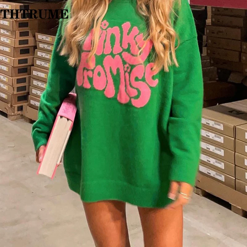 Autumn Winter Letter Print Sweaters Fashion Women Green Vintage Y2K Knit Streetwear Jumpers Tops Casual O-Neck New Pullovers