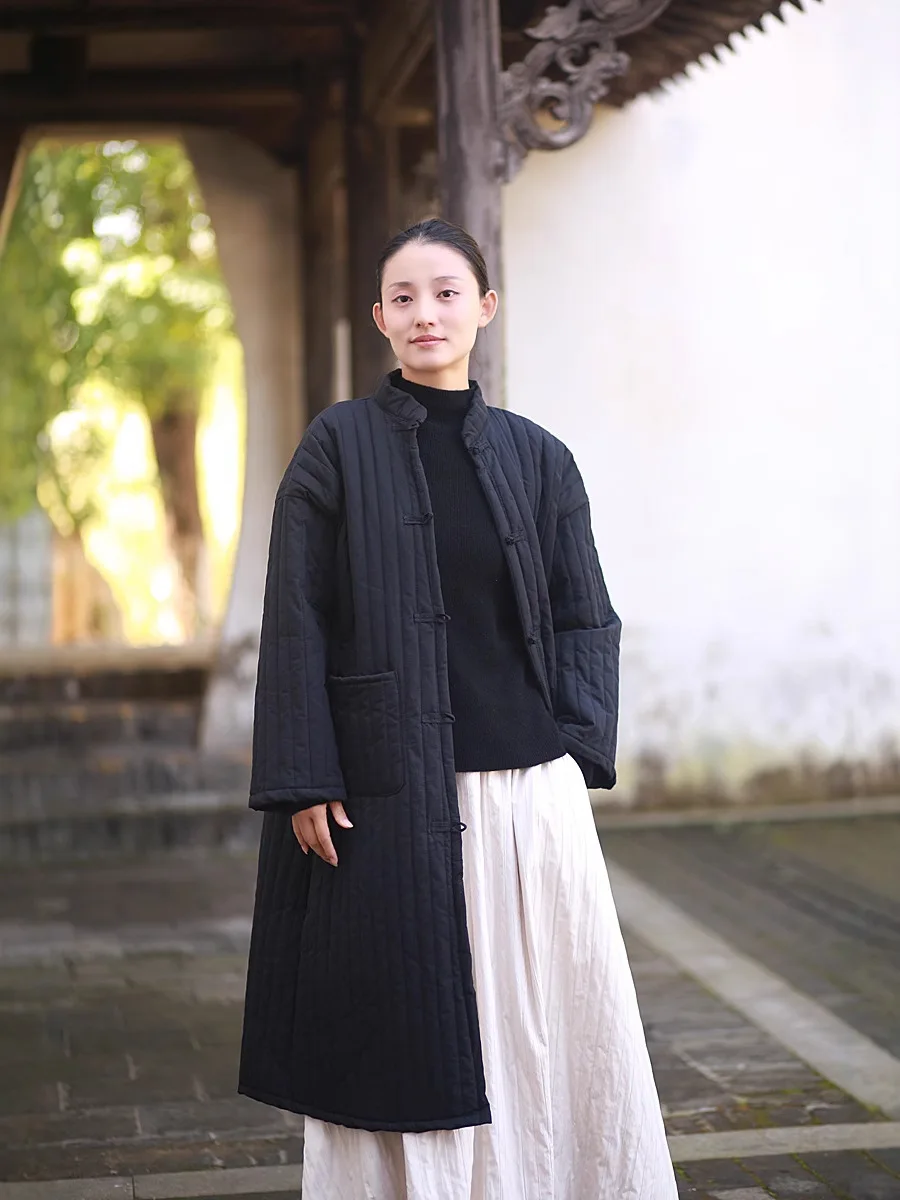 

TIYIHAILEY женская однобортная куртка до колена с длинным рукавом, плотная верхняя одежда с v-образным вырезом, хлопково-льняная черная теплая куртка с карманом