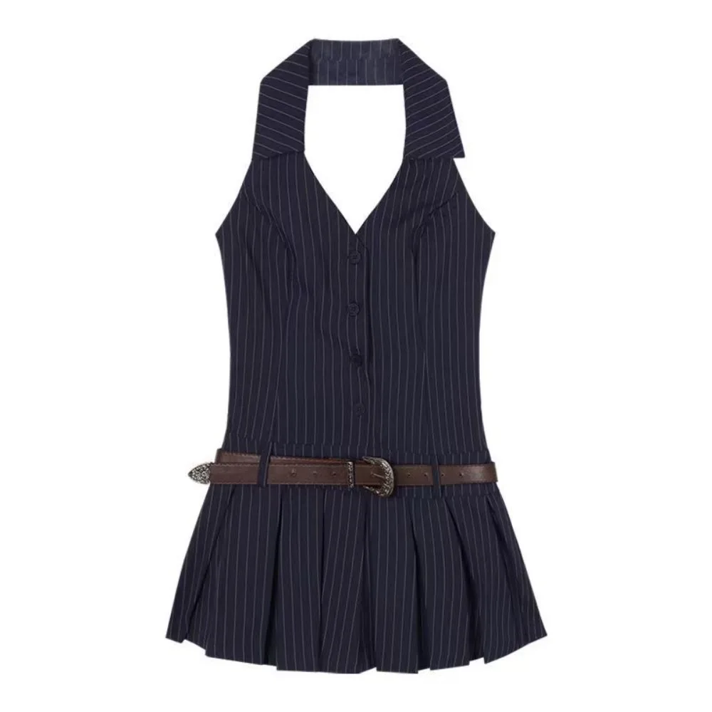 

Sweet Slim Fit Deep V Shirt Dress Striped Sleeveless Women Short Skirt Spicy Girl Style Pleated Halter Camisole Dress Beach