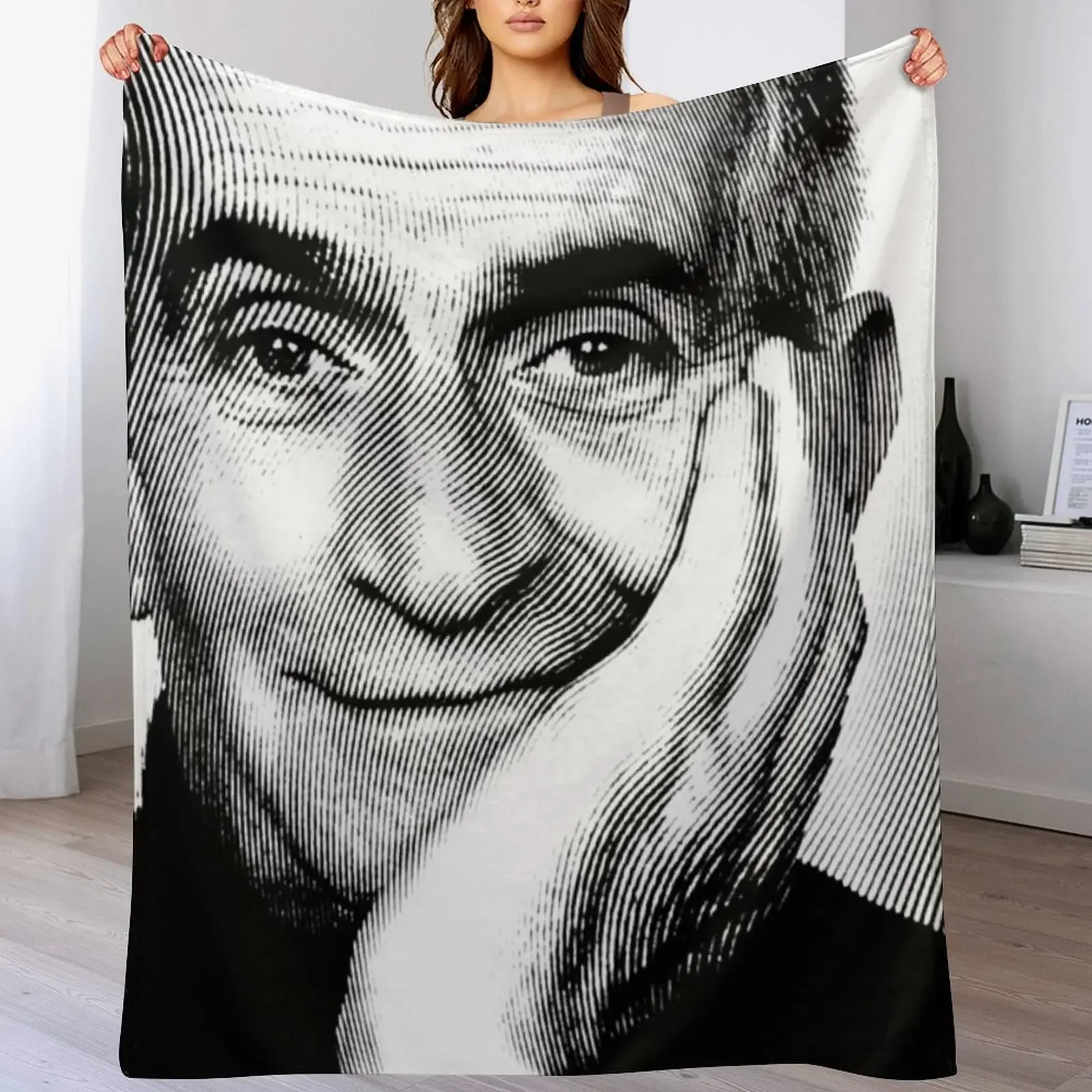 

Black & White Portrait (Linocut) Of Louis de Funès Throw Blanket Warm Hairy Hairys Blankets