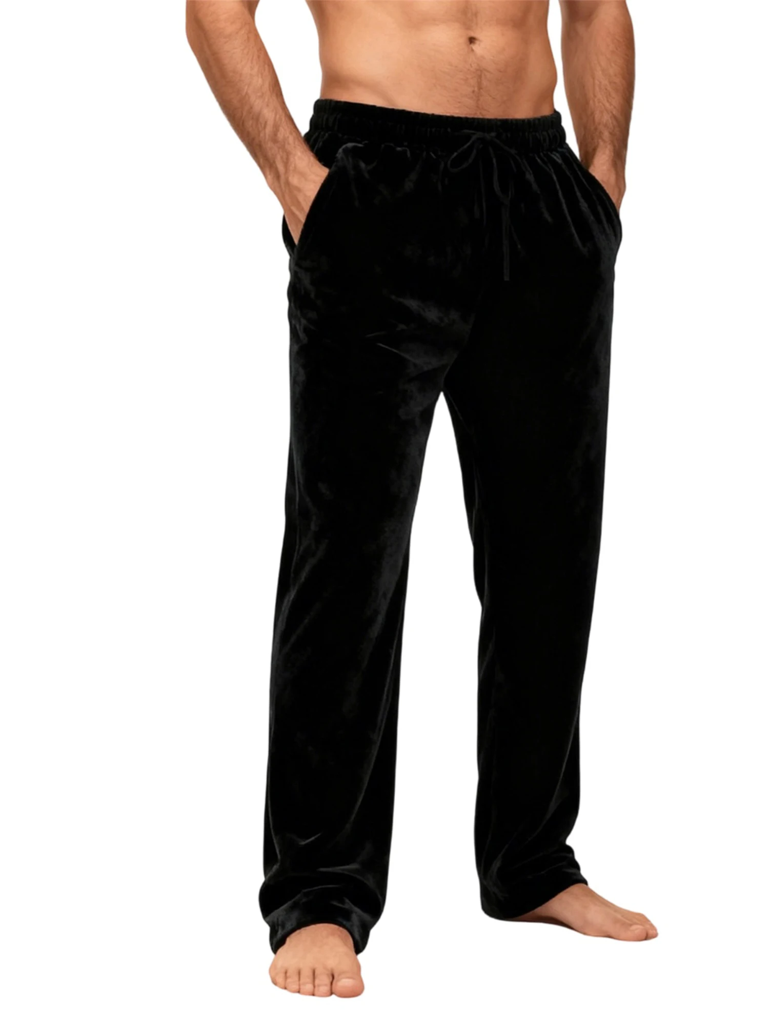 

Mens Casual Pants Winter Elastic Waist Wide Leg Loose Fit Solid Color Velvet Lounge Trousers