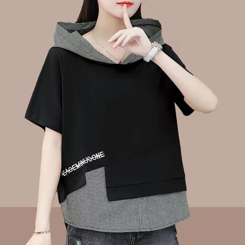 Fashion Hooded Spliced Lattice Fake Two Pieces Blouse Female Clothing 2023 Summer New Casual Pullovers Korean Embroidery Shirt