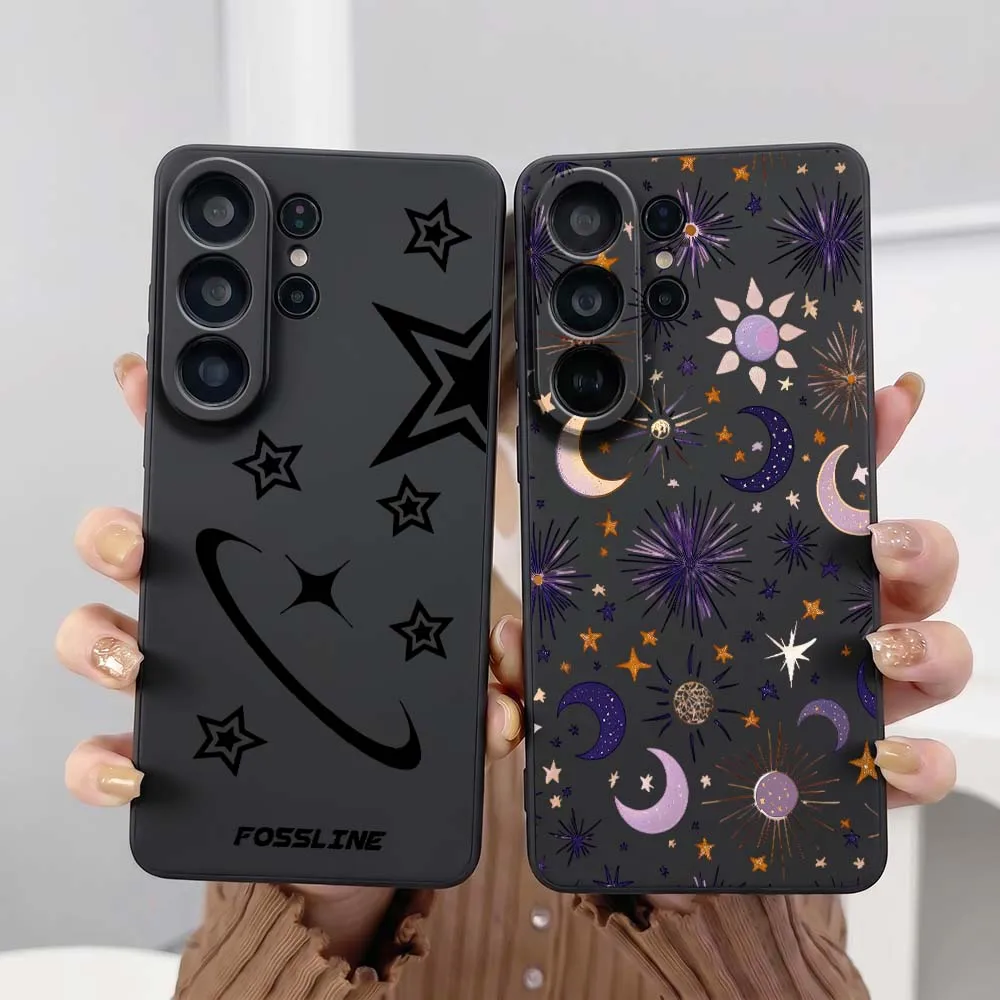 Cartoon Moon Star Pattern Phone Case For Samsung Galaxy S26 S25 S24 S23 S22 S21 S20 Pro Edge Ultra Plus FE 5G Black Cover