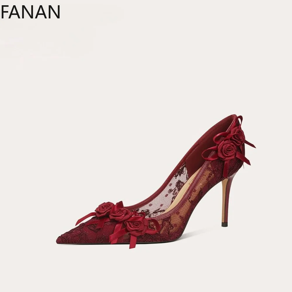 High Heels Shoes Women's Pointed Lace Mesh High Heel Slim Heel Light Mouth Single Shoes Versatile Banquet Wedding Shoe
