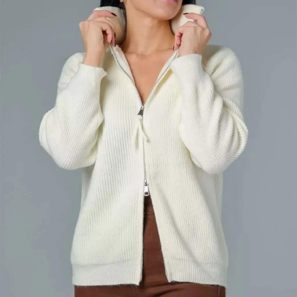 

Women's Autumn Winter High-Neck Knitted Cardigan Double Zipper Design Thickened Lapel Sweater Jacket Korean Style Lazy Fashion