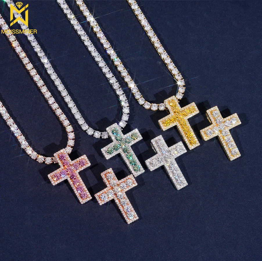 Moissanite S925 Silver Colored Diamond Cross Pendant  Iced Out For Men Women Necklaces Hip Hop Jewelry Pass Diamonds Tester GRA