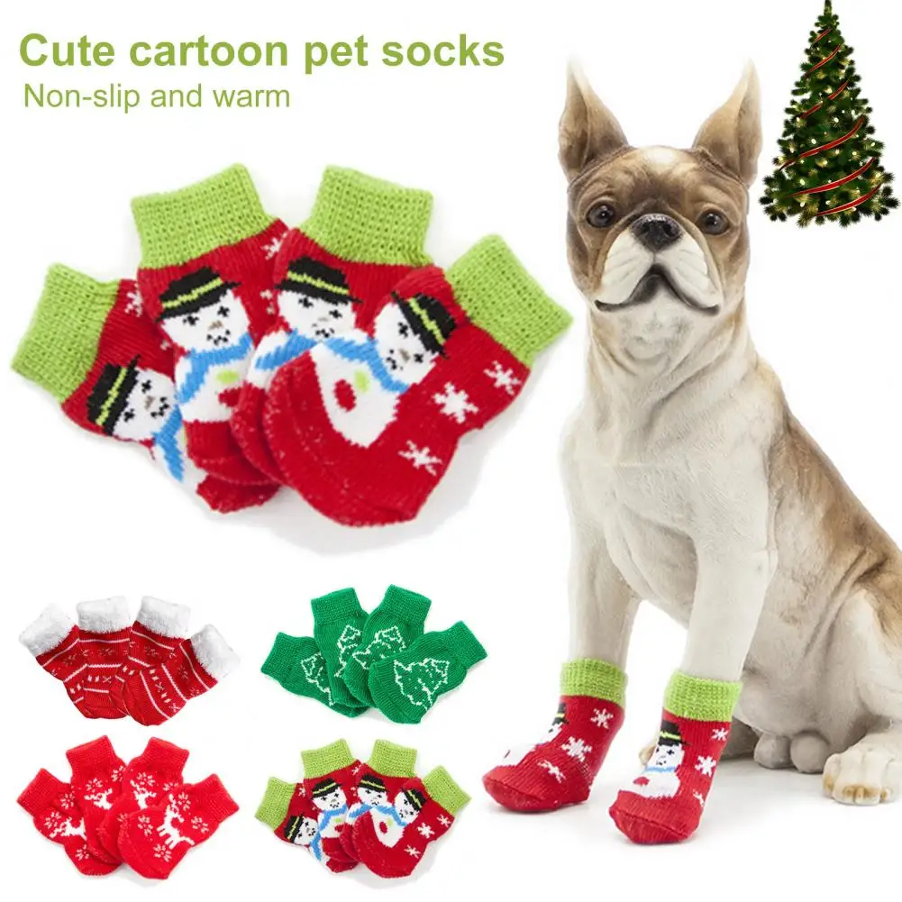 4Pcs Pet Ankle Socks Christmas Series Pattern Anti-skid Good Elasticity Cartoon Pet Cotton Short Socks for Holiday