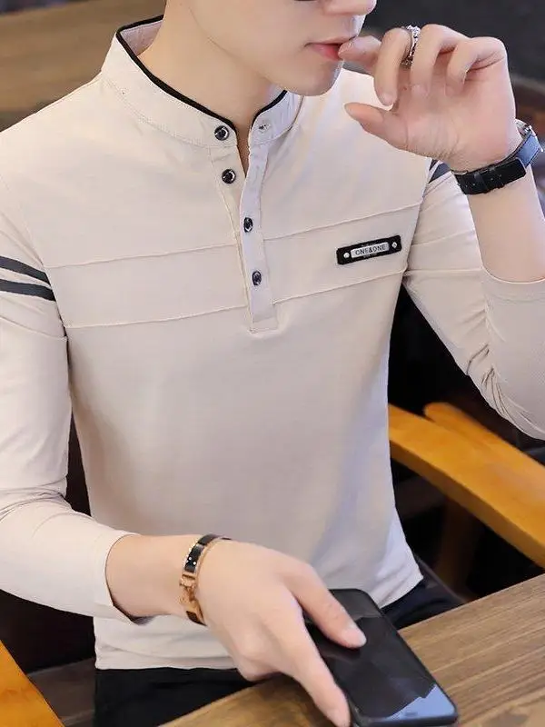 

Мужская повседневная футболка с длинным рукавом и воротником-стойкой из полиэстера для весны и осени, удобная, свободного кроя