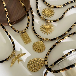 Handmade Leopard Polyester Cloth Heart Sun Necklace for Women Stainless Steel Accessories Plated Popular Jewelry Gift Necklace