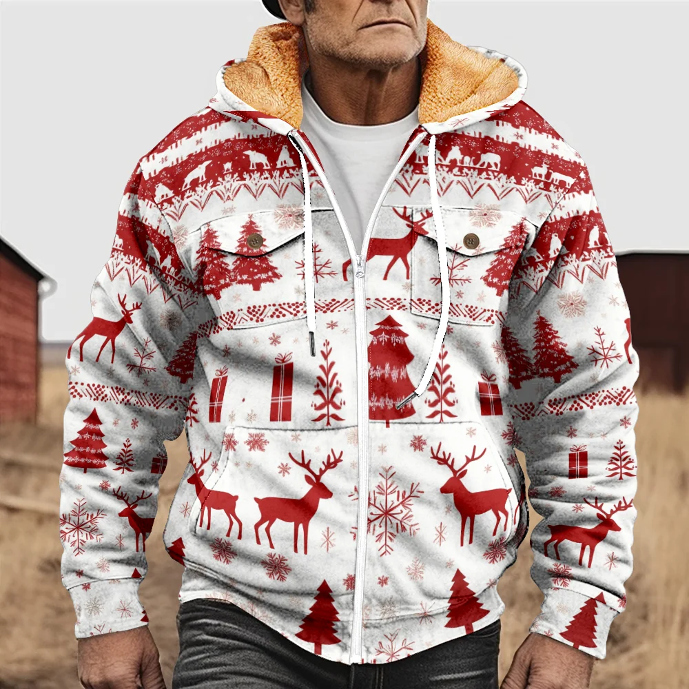 Winter Warm Christmas Cardigan Vintage Fashion Men\'s Comfortable Zipper Fleece Jacket for Men Chic Trendy Outdoor Loose Clothing