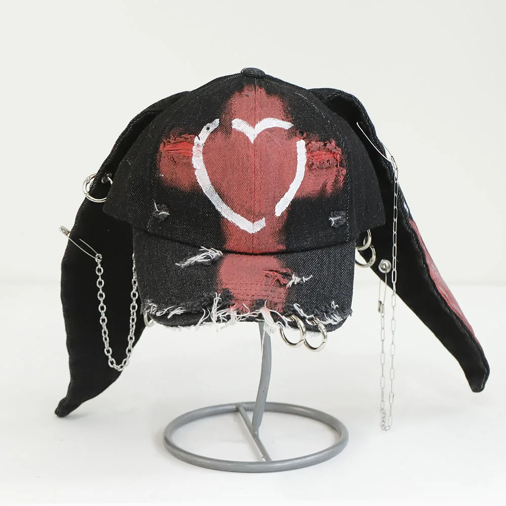 Y2K Hot Girl Graffiti Jeans Lange Hasenohren Cowboy Baseballkappe Gewaschene Graffiti Hip-Hop-Mütze Damen Herren Party Team Baseballkappe