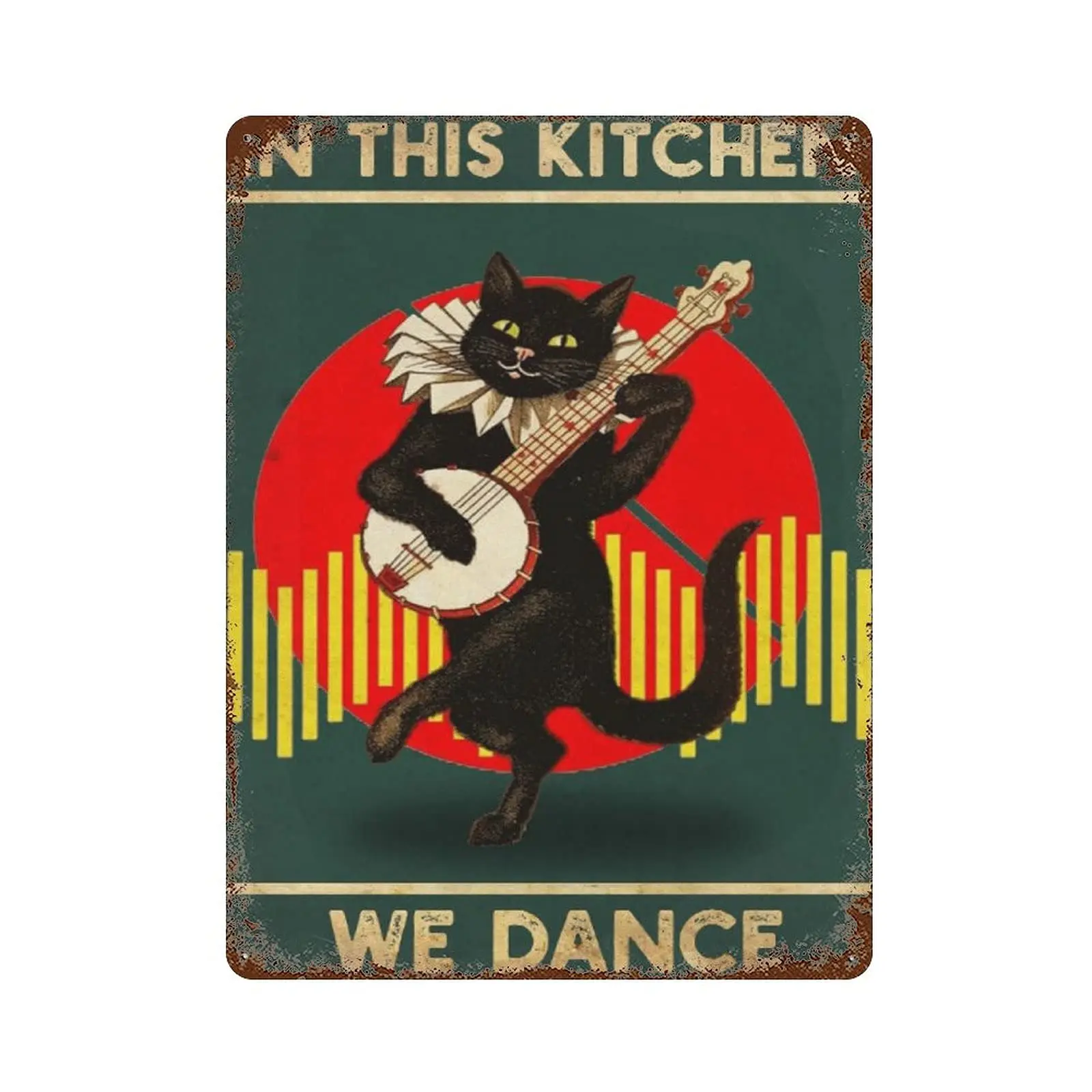 Dreacoss Metal tin Sign，Retro Style， Novelty Poster，Iron Painting，Black Cat Tin Sign, in This Kitchen We Dance Tin Sign, Vintage