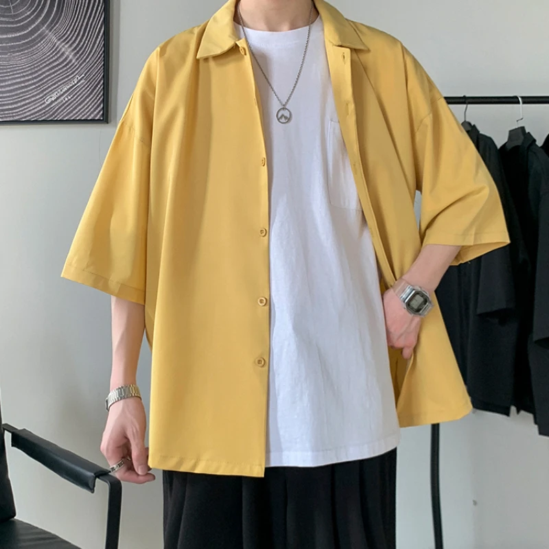 Half Sleeve Shirts Men Clothing All-match Ulzzang Fashion Students Handsome Summer Thin Casual Simply Baggy Hemden Pure Color