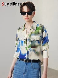 SuyaDream, Women Printed Shirts, 100%Silk Crepe De Chine,  Chest Pocket Chic Shirts, 2024 Spring Summer Casual Top