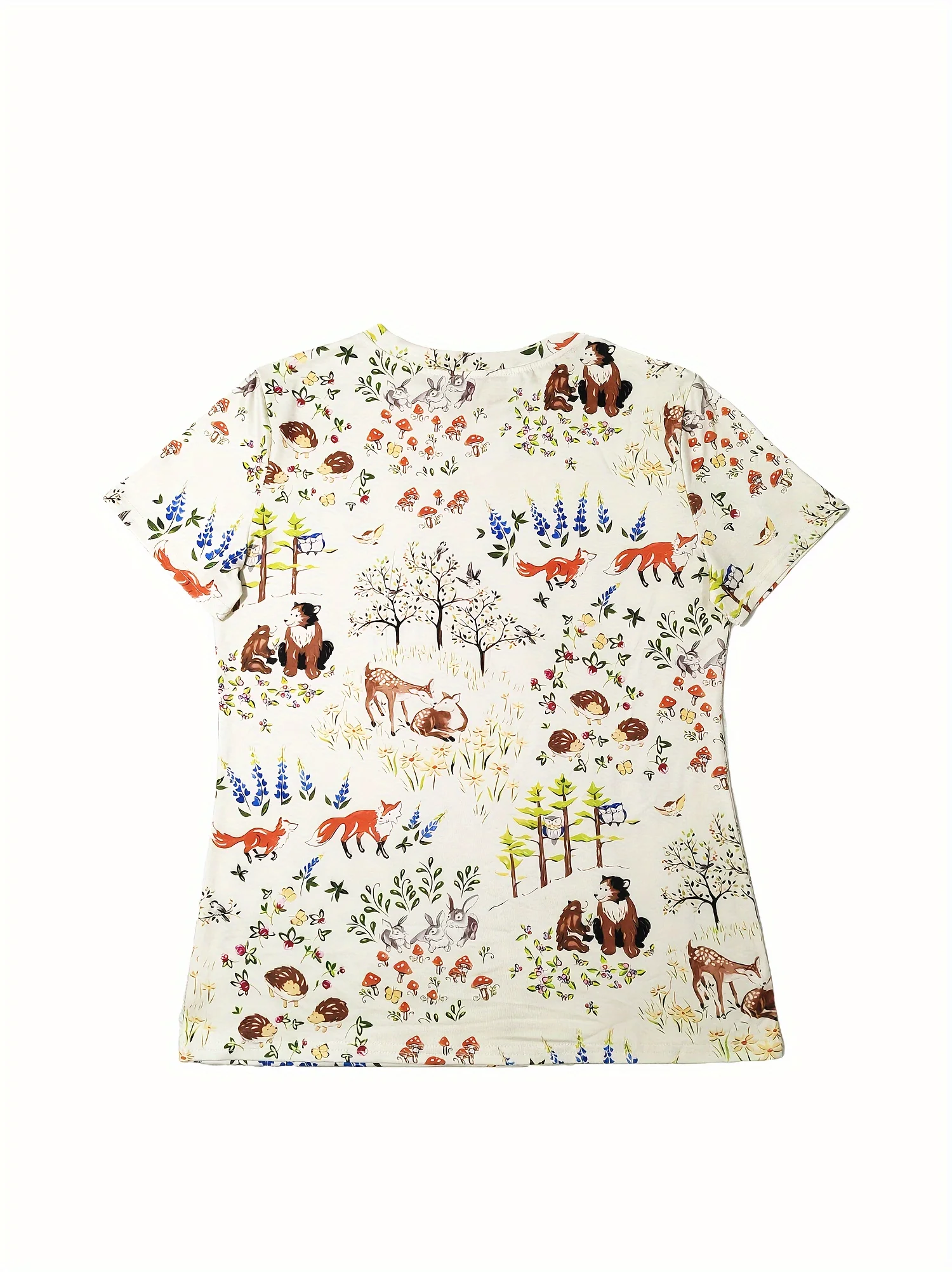 Light Beige Women's Tee - Forest Animal & Floral Pattern Graphic, Cute Woodland Critter Design for Casual Daily Wear
