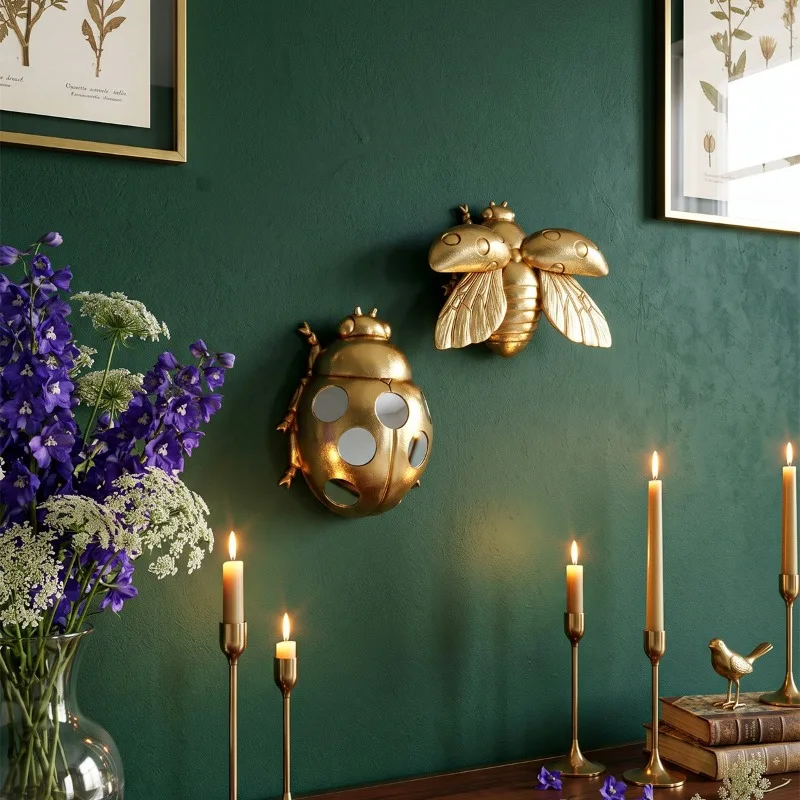 Vintage Gold Decorative Mirrors Ladybug Bee Wall Pendant Resin Insect Home Soft Decoration Espejos Decorativos De Pared