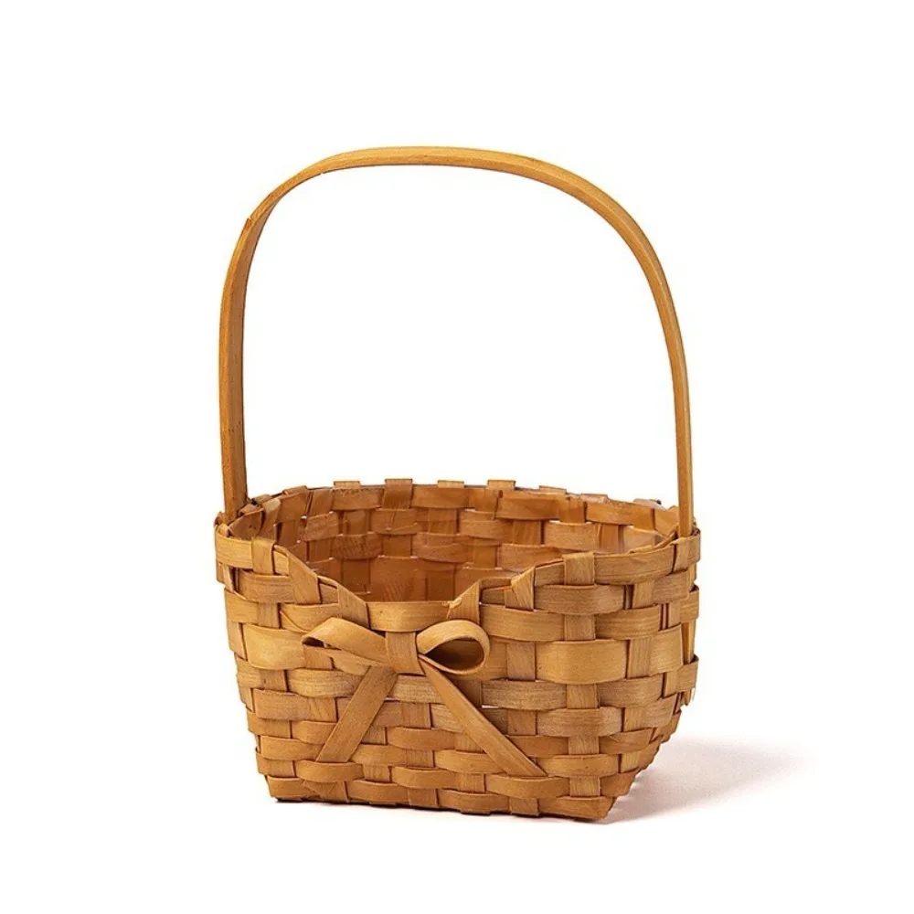 Willow Rattan Bride Flower Basket Picnic Container Hand-Woven Flower Arrangement Basket with Handle Bowknot Flower Basket view 5
