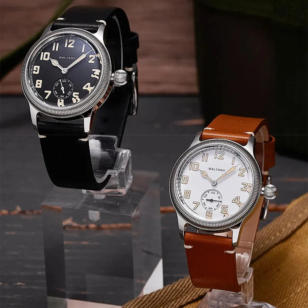 Baltany s2051 ww1 militar trench relógio branco esmalte dial retro st1701 homenagem campo automático pulseira de couro safira relógios masculino