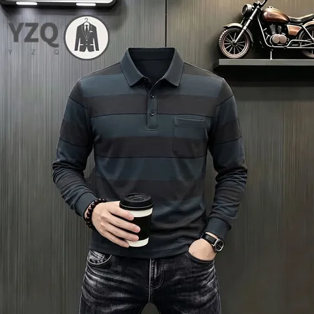Outdoor Leisure Polo Top For Men Long Sleeve Lapel Neck Button Placket Classic Horizontal Striped Texture Fabric