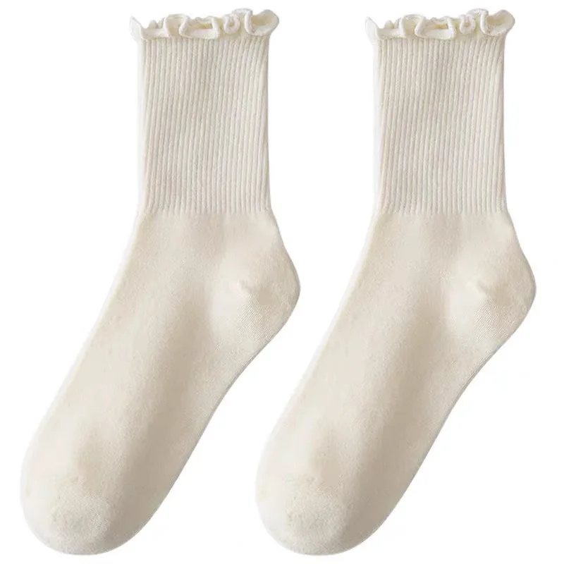 5 قطع من جوارب الكاحل النسائية المكشكشة - مزيج من القطن الأسود والأبيض المسامي، جوارب أنبوبية قصيرة لطيفة لفصل الربيع والخريف