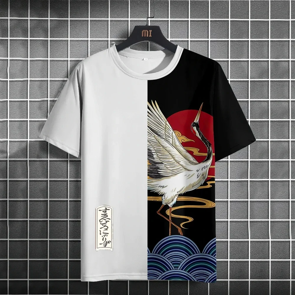 Trendy Japanese Ukiyo-e Wave Print Men T-shirt Split Color Great Wave Art Short Sleeve Top Summer Casual Streetwear Tops