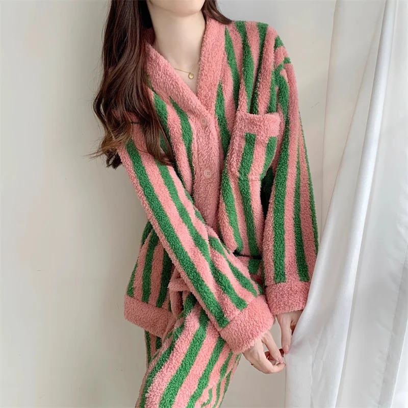 5XL Women\'s Flannel Cardigan Home Fur Solid Color Loose Coral Velvet Pajama Set Autumn/Winter Pants Two Piece Suit Stripes Red