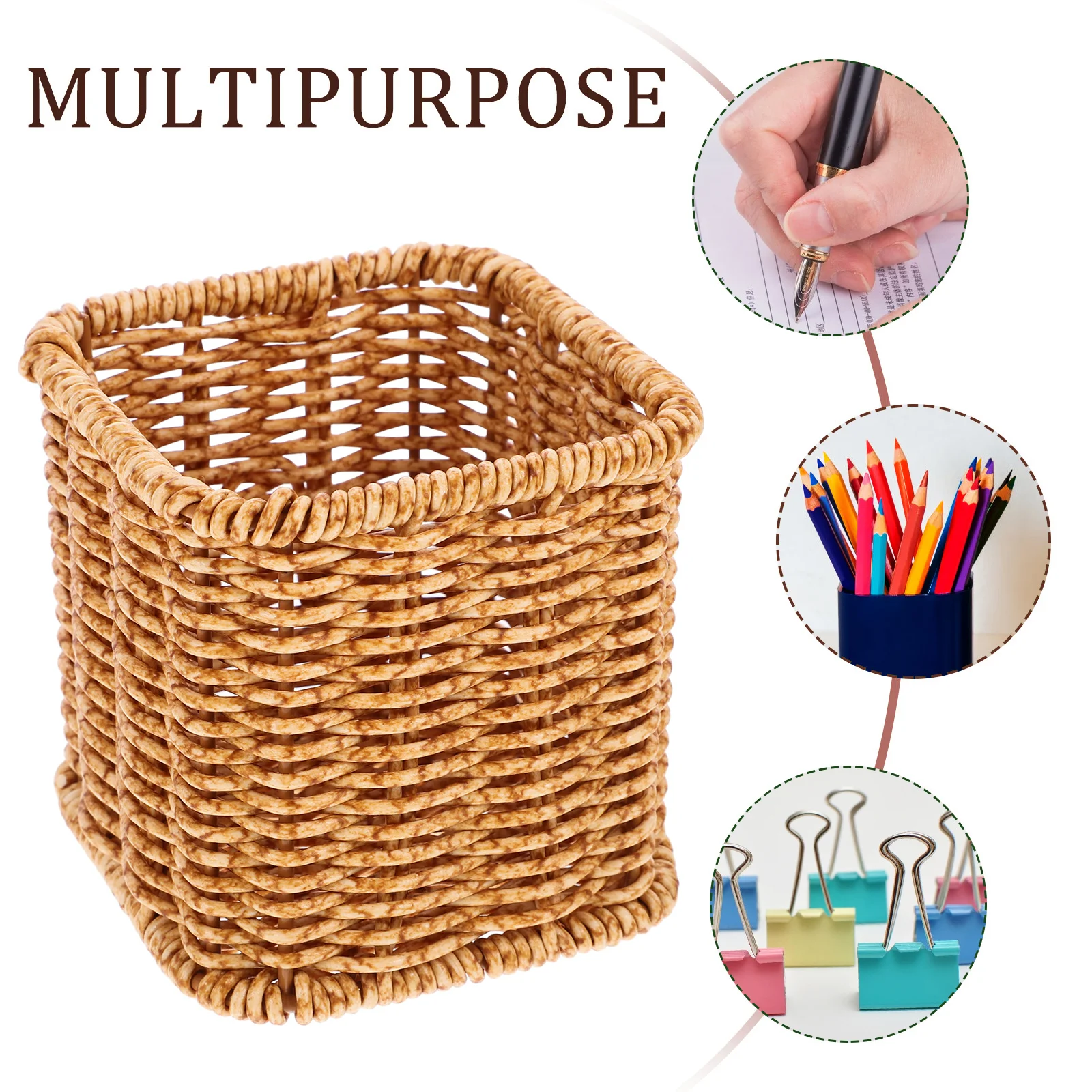 プラスチック織ペンホルダーデスクトップオーガナイザー収納バケツオフィス学校文具卓上装飾素朴なスタイルペン