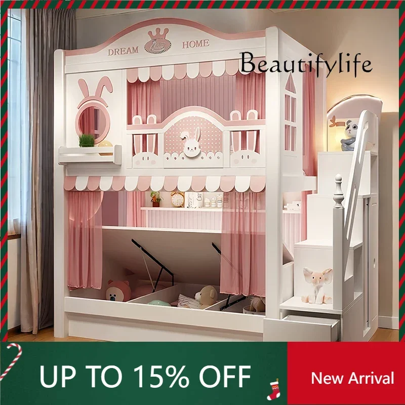 BJ خشبية يابانية بيضاء مضاءة Cabane Enfant زخرفة الأثاث تخزين إطار سرير أطفال تصميم سرير أطفال حديث بطابقين